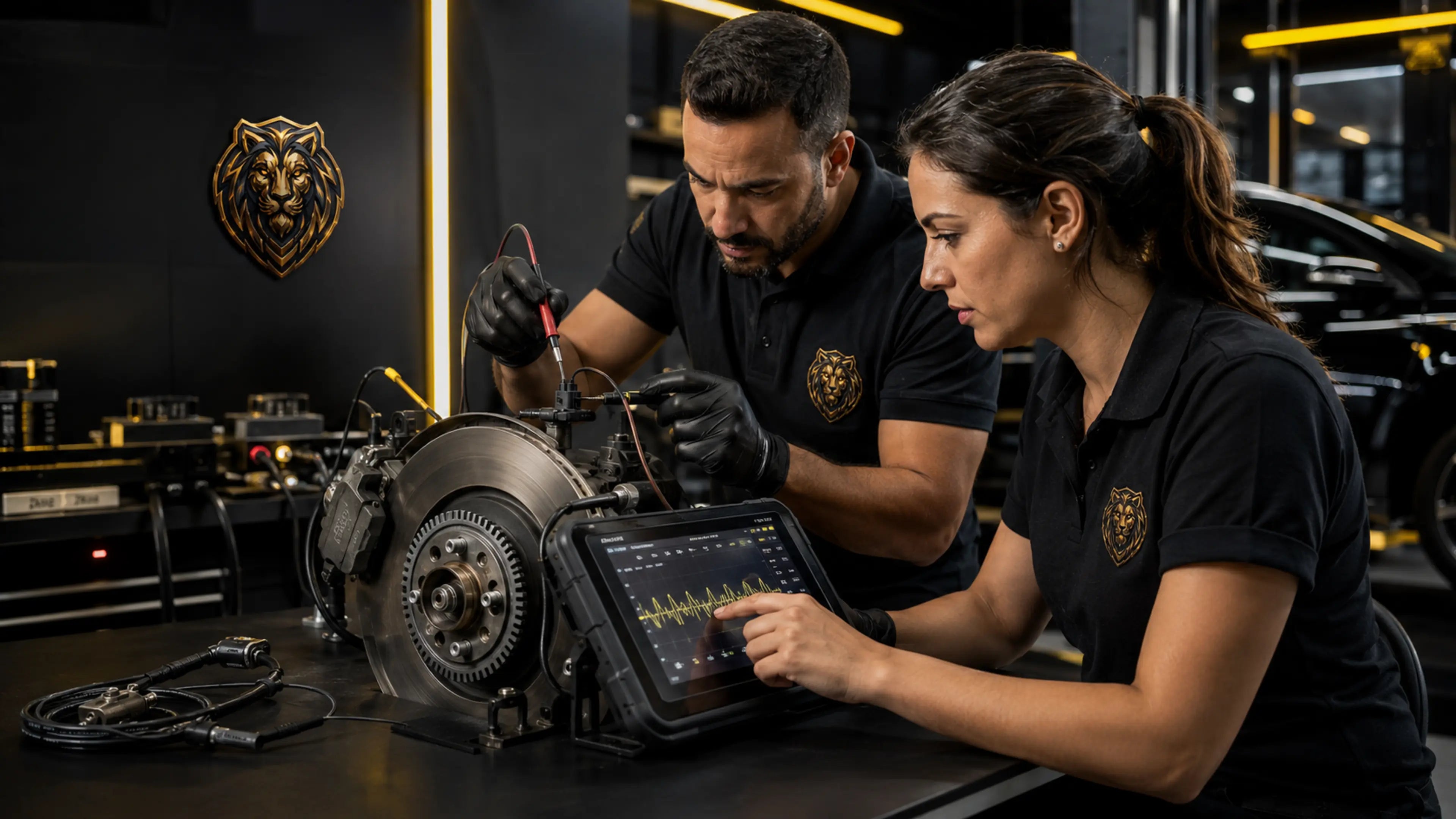Especialistas Atalanta realizando diagnóstico técnico do sistema ABS