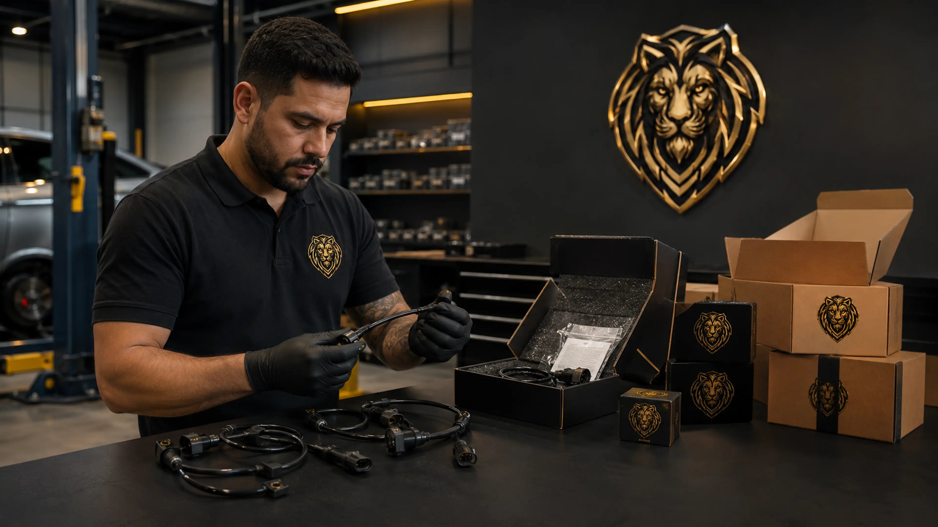 Funcionário Atalanta conferindo sensores ABS e preparando caixas